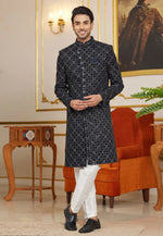 Load image into Gallery viewer, Black Art Silk Indo Western Sherwani
