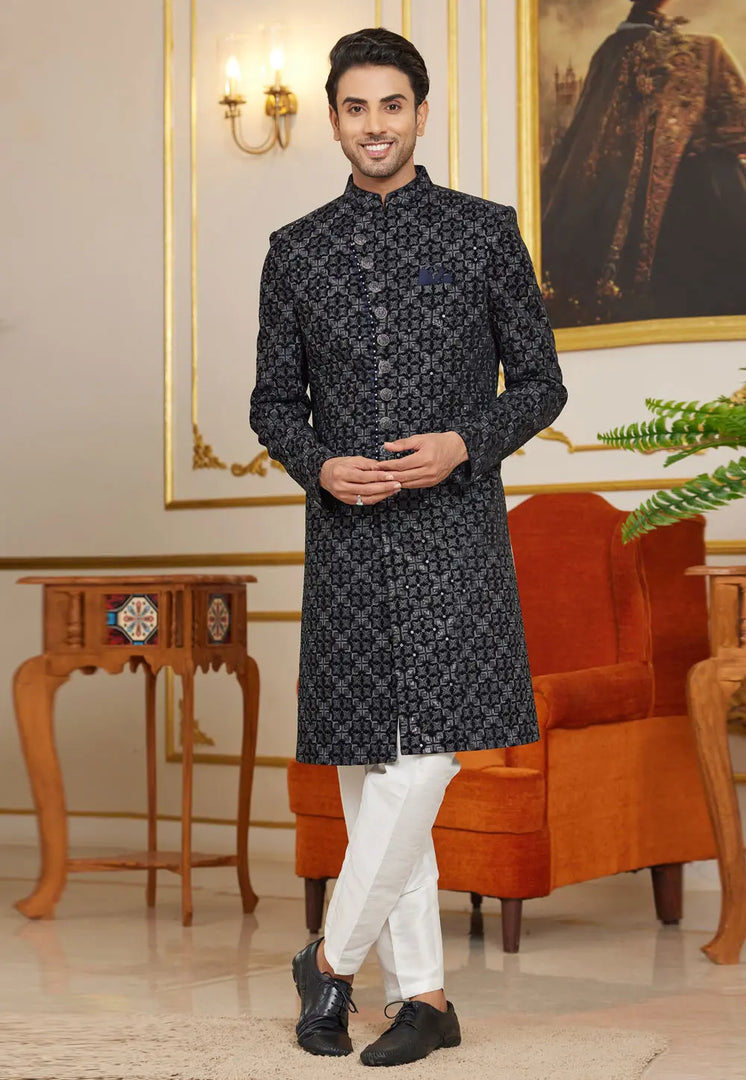 Black Art Silk Indo Western Sherwani