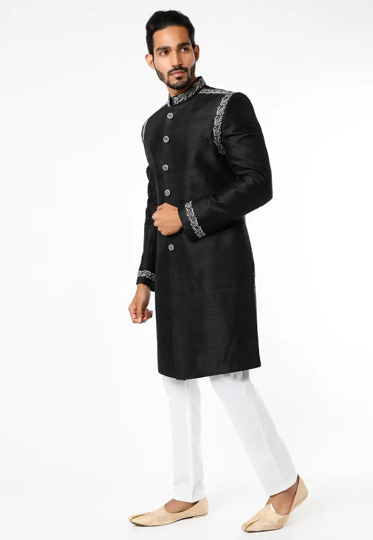 Black Art Silk Indo Western Sherwani