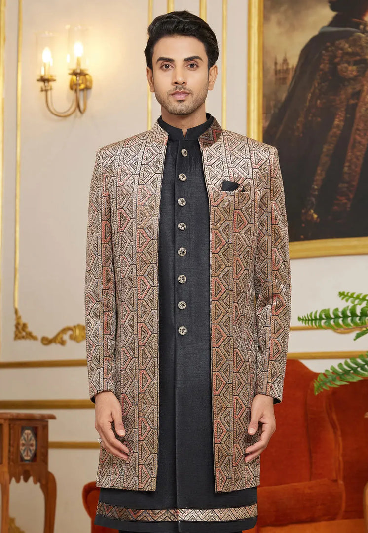 Black Art Silk Jacket Style Sherwani