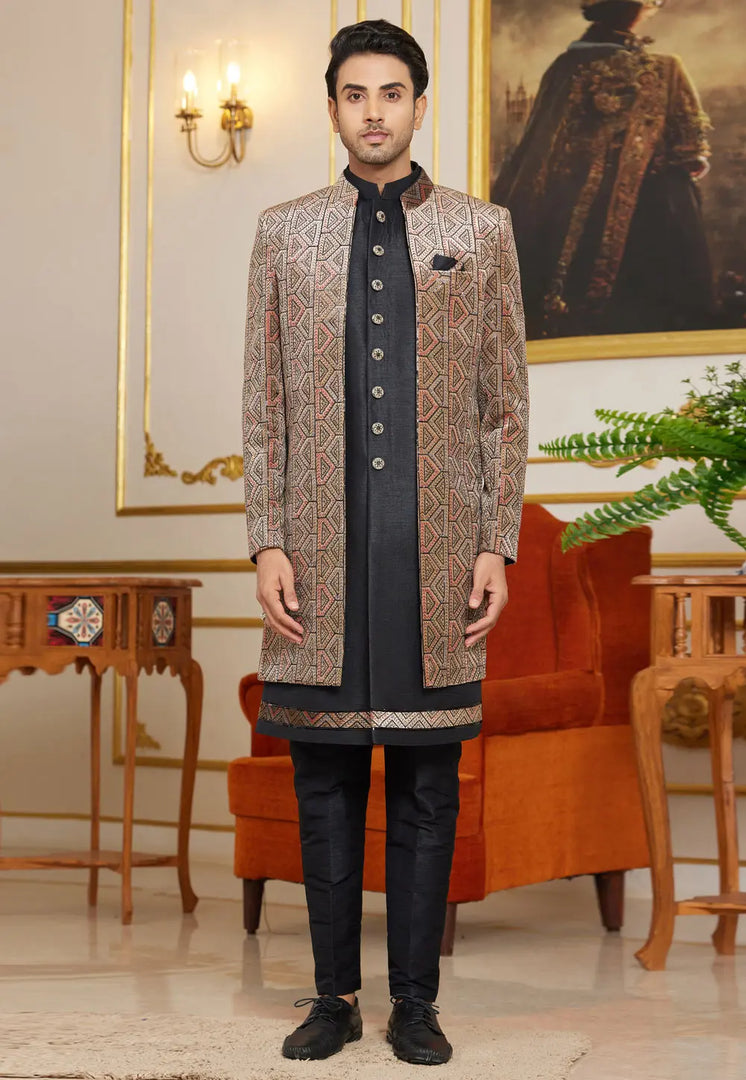 Black Art Silk Jacket Style Sherwani