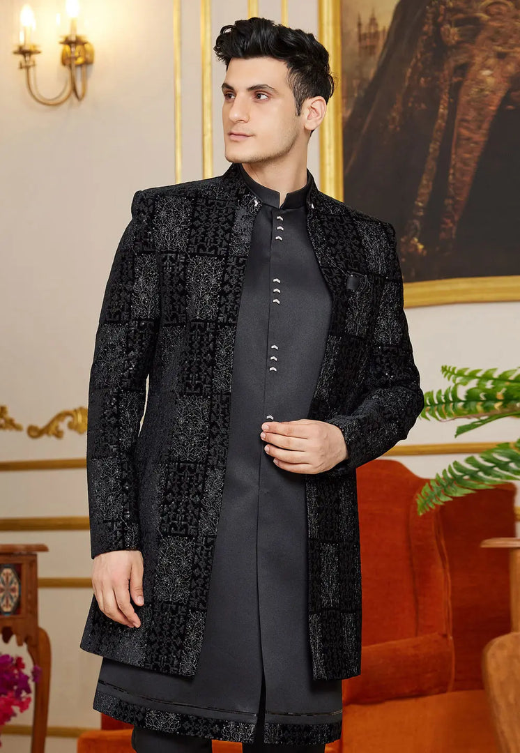 Black Art Silk Jacket Style Sherwani