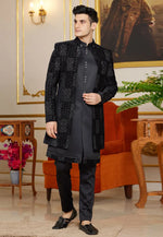 Load image into Gallery viewer, Black Art Silk Jacket Style Sherwani
