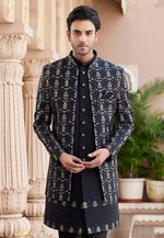 Load image into Gallery viewer, Black Art Silk Jacket Style Sherwani
