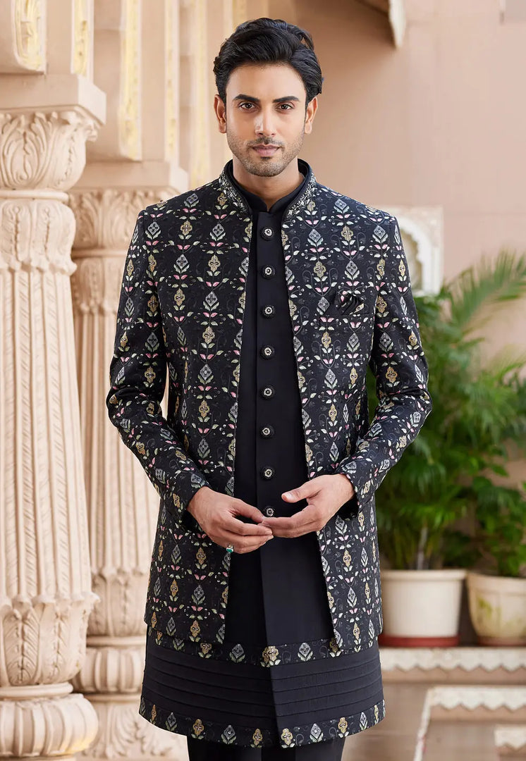 Black Art Silk Jacket Style Sherwani