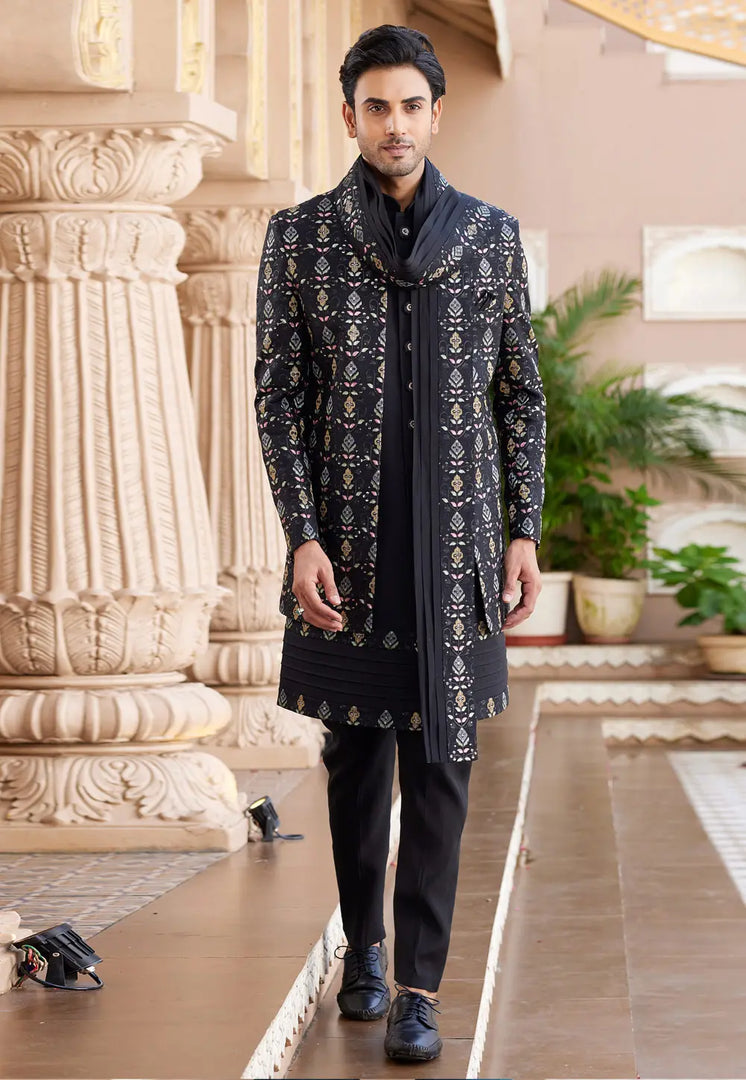 Black Art Silk Jacket Style Sherwani