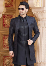 Load image into Gallery viewer, Black Art Silk Jacket Style Sherwani
