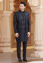 Load image into Gallery viewer, Black Art Silk Jacket Style Sherwani
