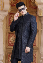Load image into Gallery viewer, Black Art Silk Jacket Style Sherwani
