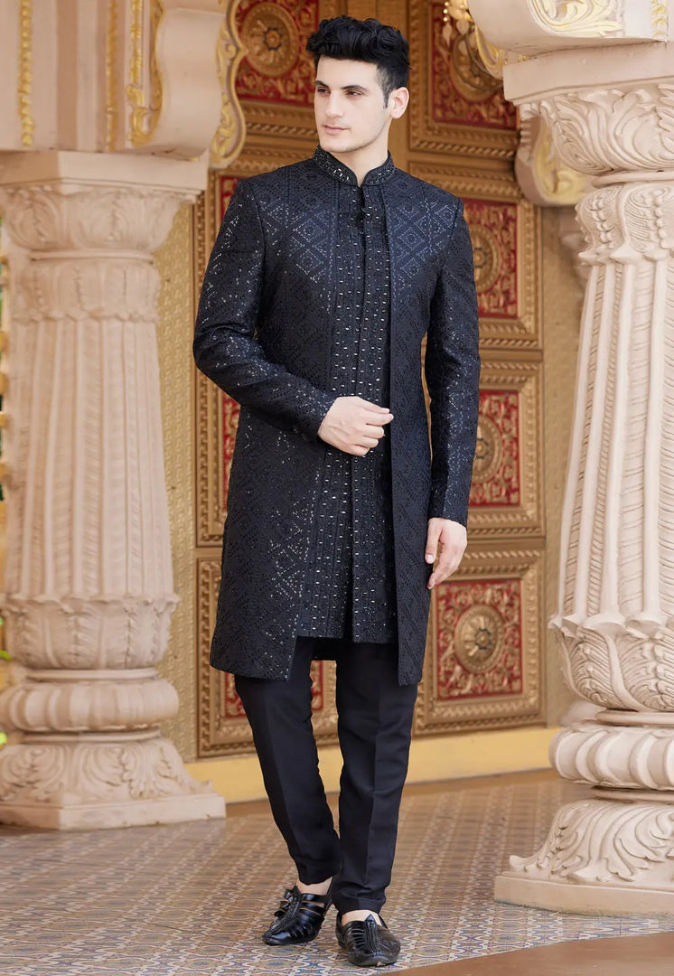 Black Art Silk Jacket Style Sherwani
