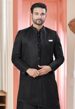 Load image into Gallery viewer, Black Art Silk Jacket Style Sherwani
