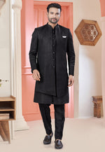 Load image into Gallery viewer, Black Art Silk Jacket Style Sherwani

