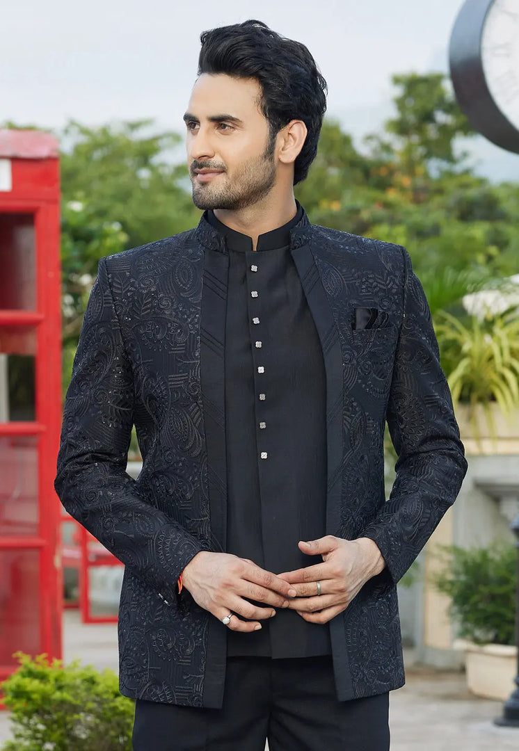 Black Art Silk Jodhpuri Suit