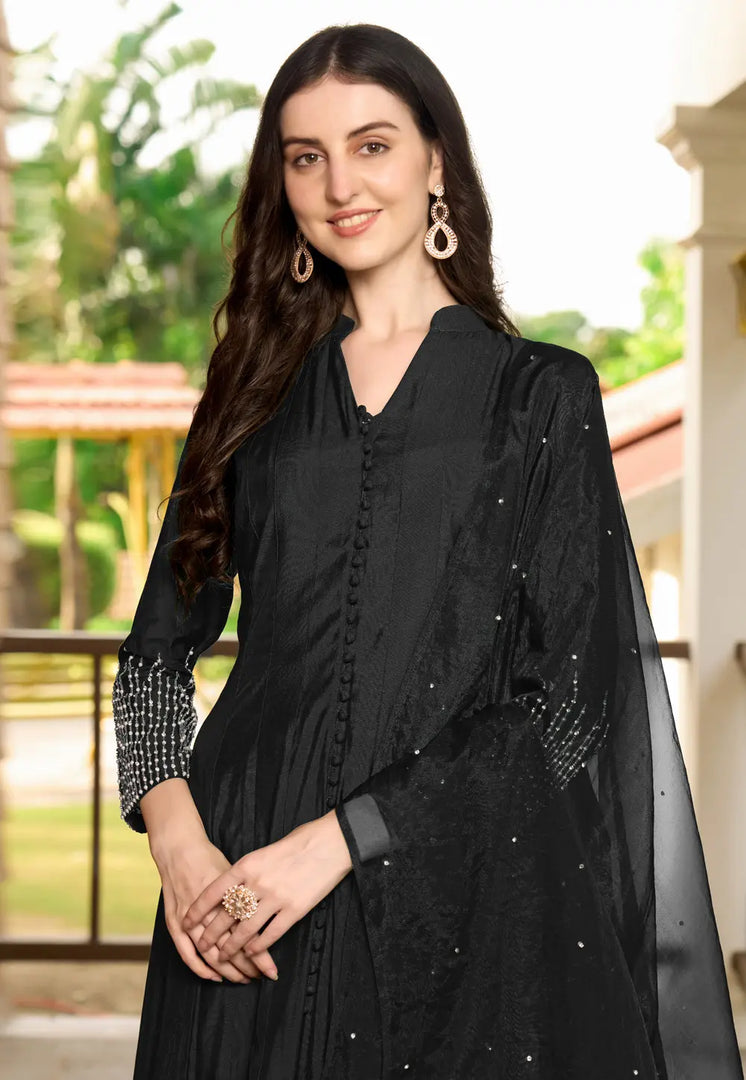 Black Art Silk Readymade Pant Style Suit