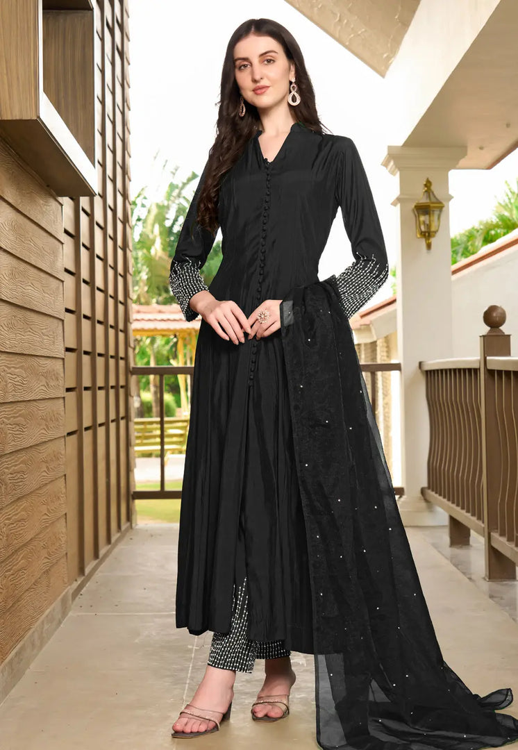 Black Art Silk Readymade Pant Style Suit