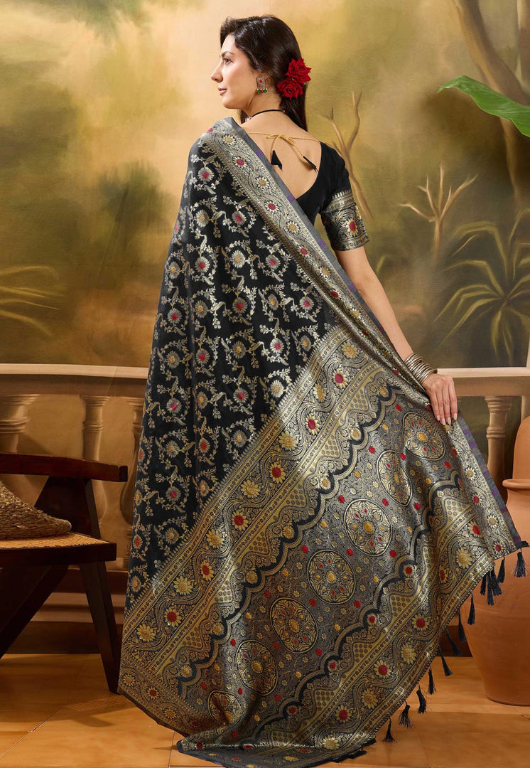 Black Banarasi Jacquard Saree With Blouse