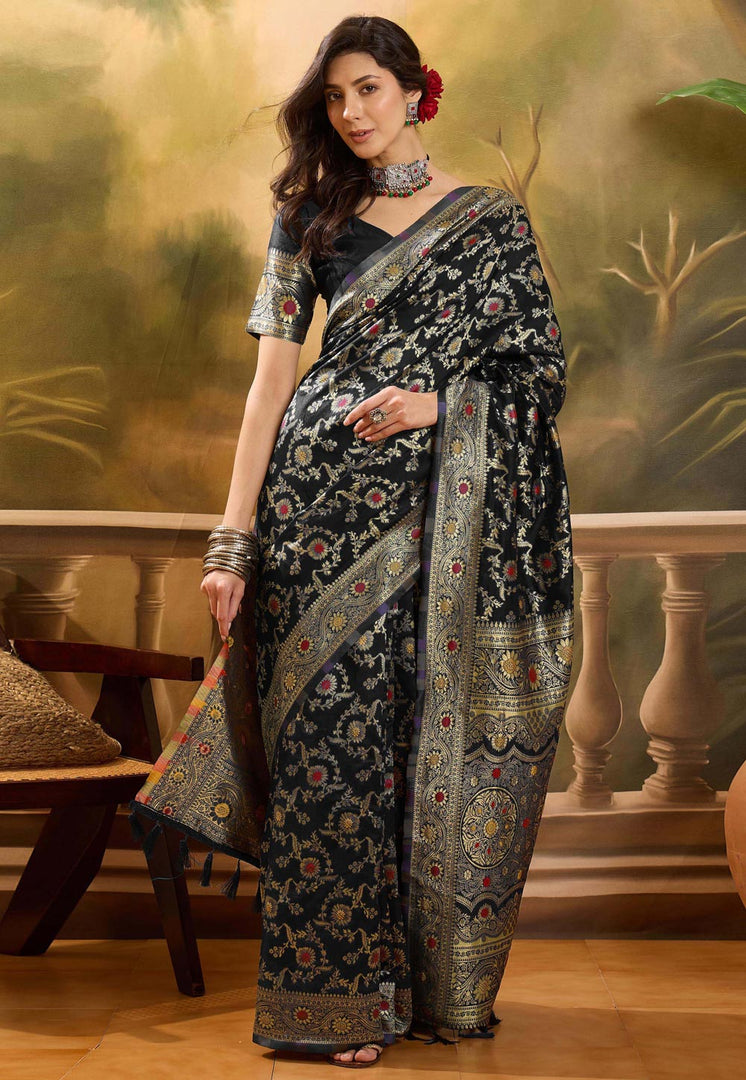 Black Banarasi Jacquard Saree With Blouse