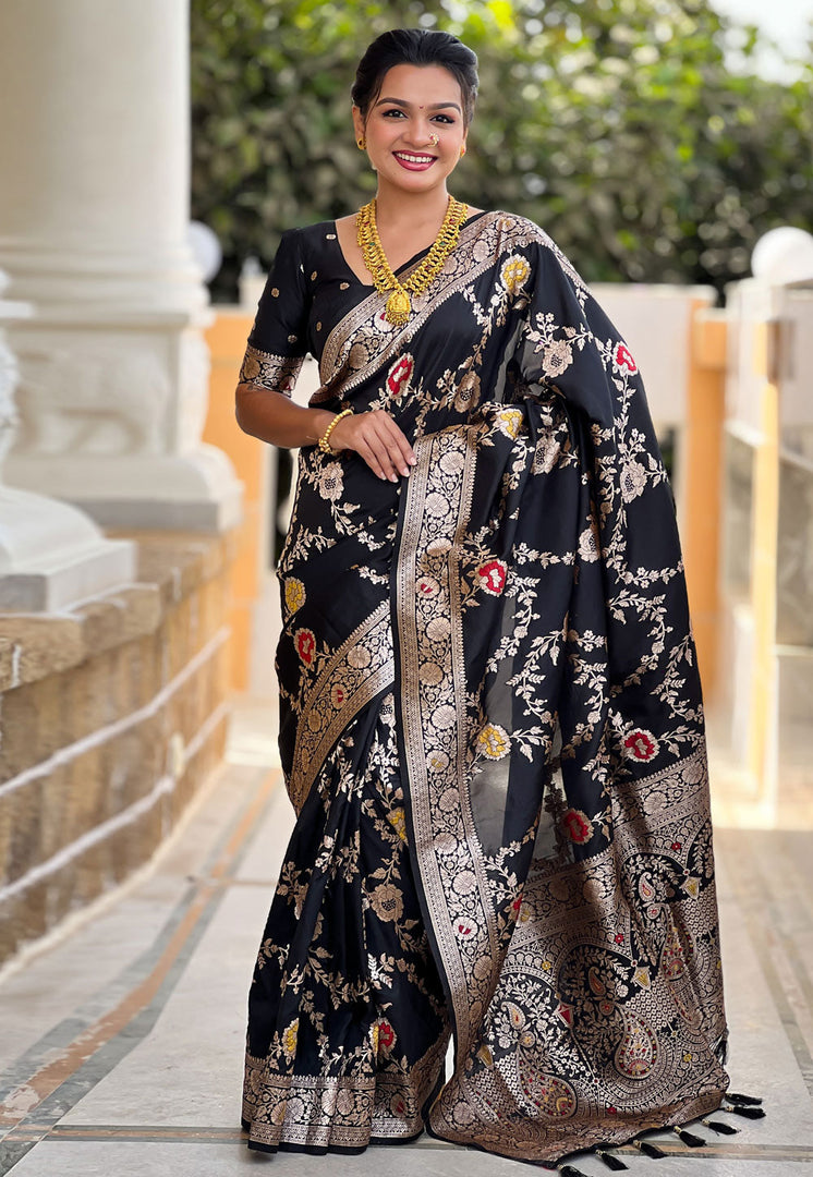 Black Banarasi Silk Saree With Blouse