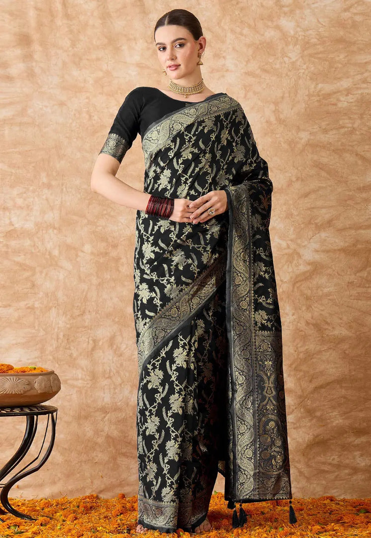 Black Banarasi Silk Saree With Blouse