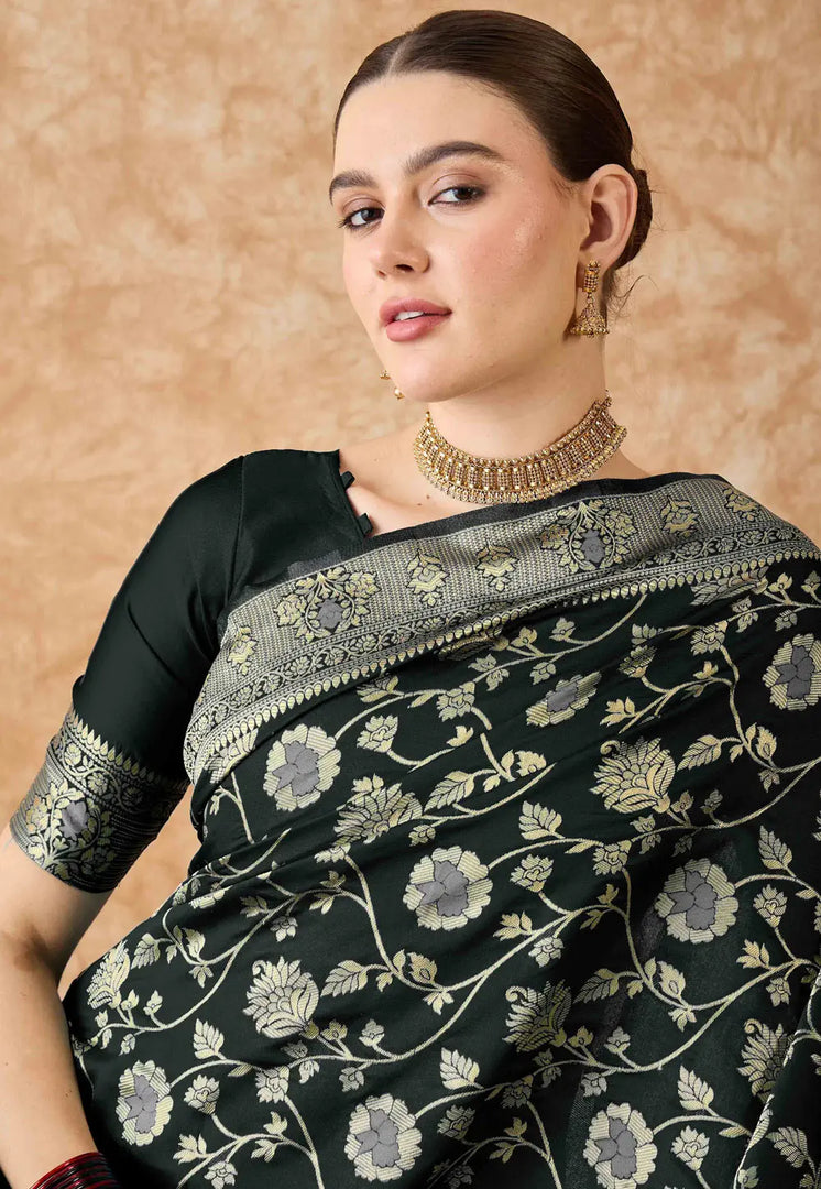 Black Banarasi Silk Saree With Blouse