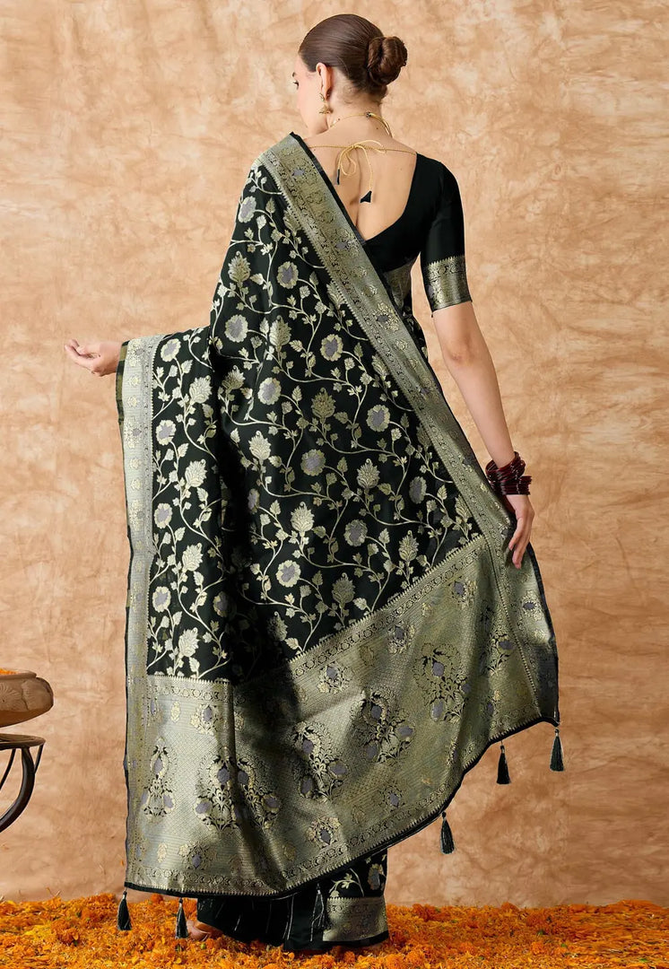 Black Banarasi Silk Saree With Blouse