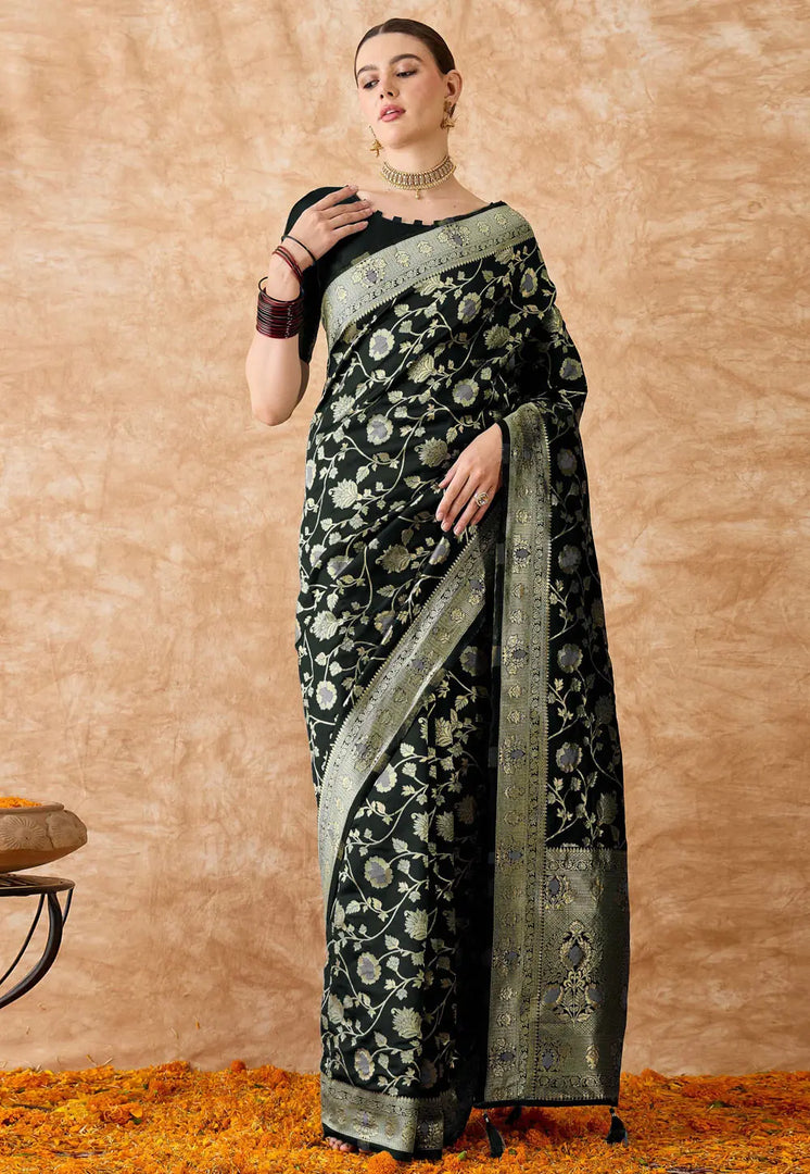 Black Banarasi Silk Saree With Blouse