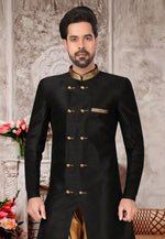 Load image into Gallery viewer, Black Brocade Silk Indo Western Suit
