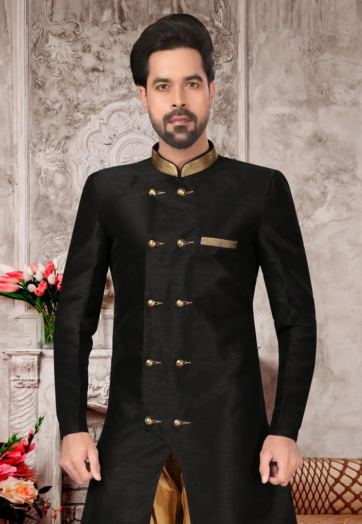 Black Brocade Silk Indo Western Suit