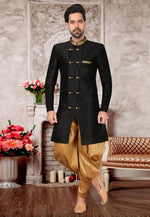 Load image into Gallery viewer, Black Brocade Silk Indo Western Suit
