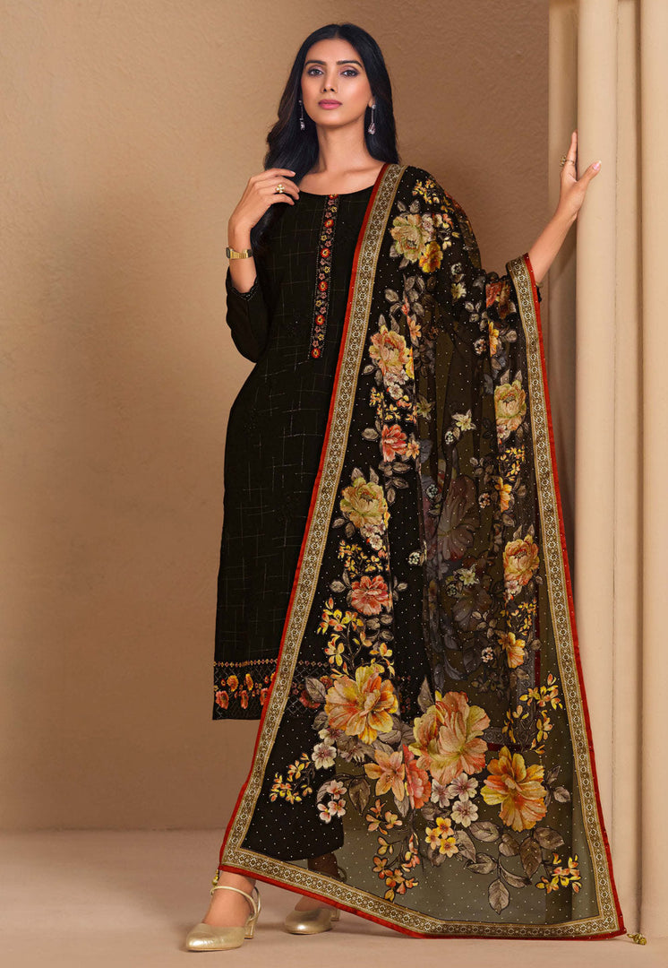 Black Chinon Chiffon Pant Style Suit