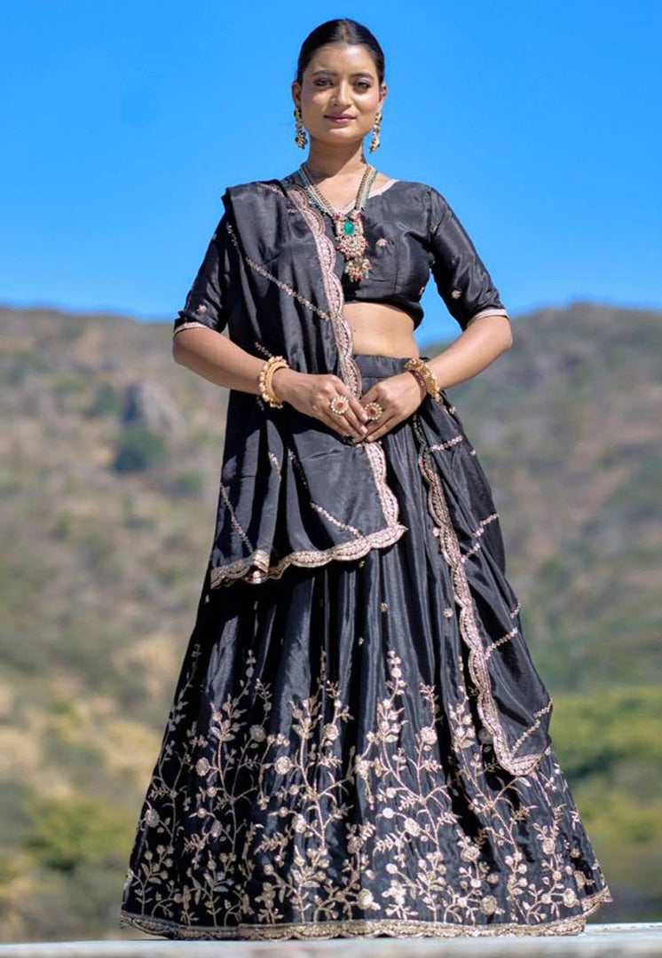Black Chinon Circular Lehenga Choli