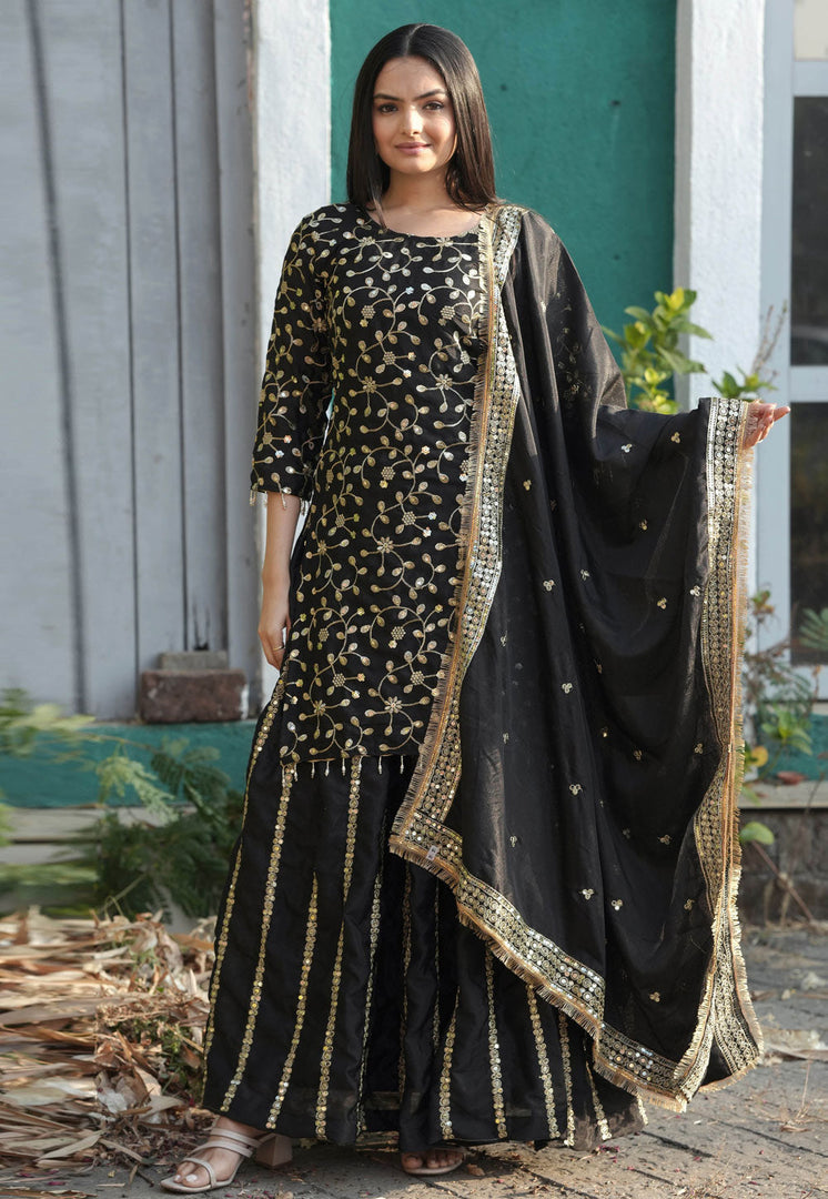 Black Chinon Readymade Long Choli Lehenga