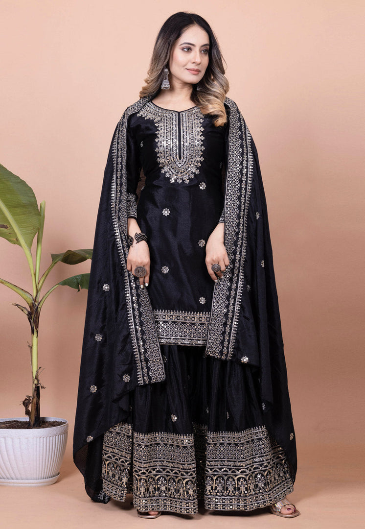 Black Chinon Readymade Sharara Suit