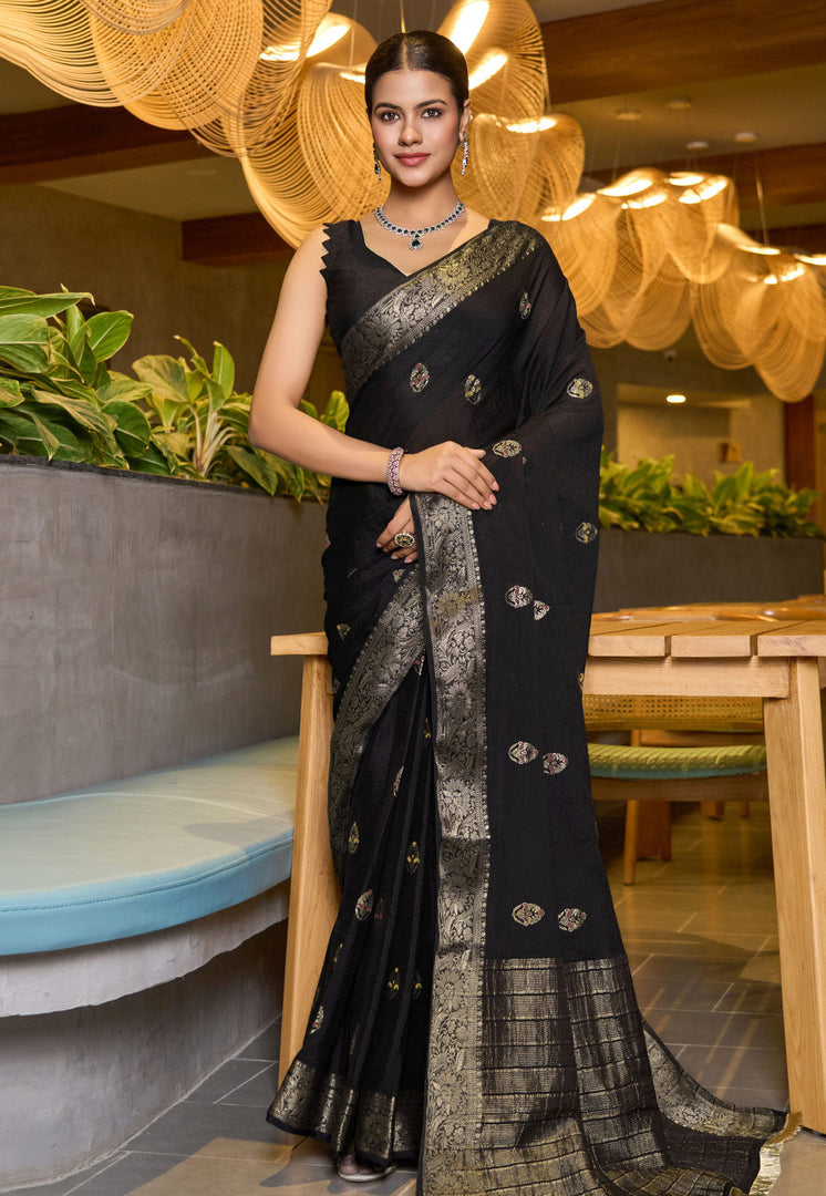 Black Chinon Saree With Blouse