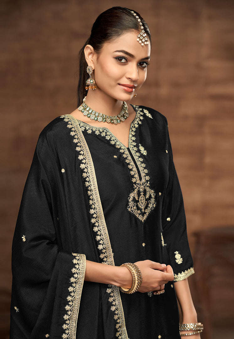 Black Chinon Silk Palazzo Suit