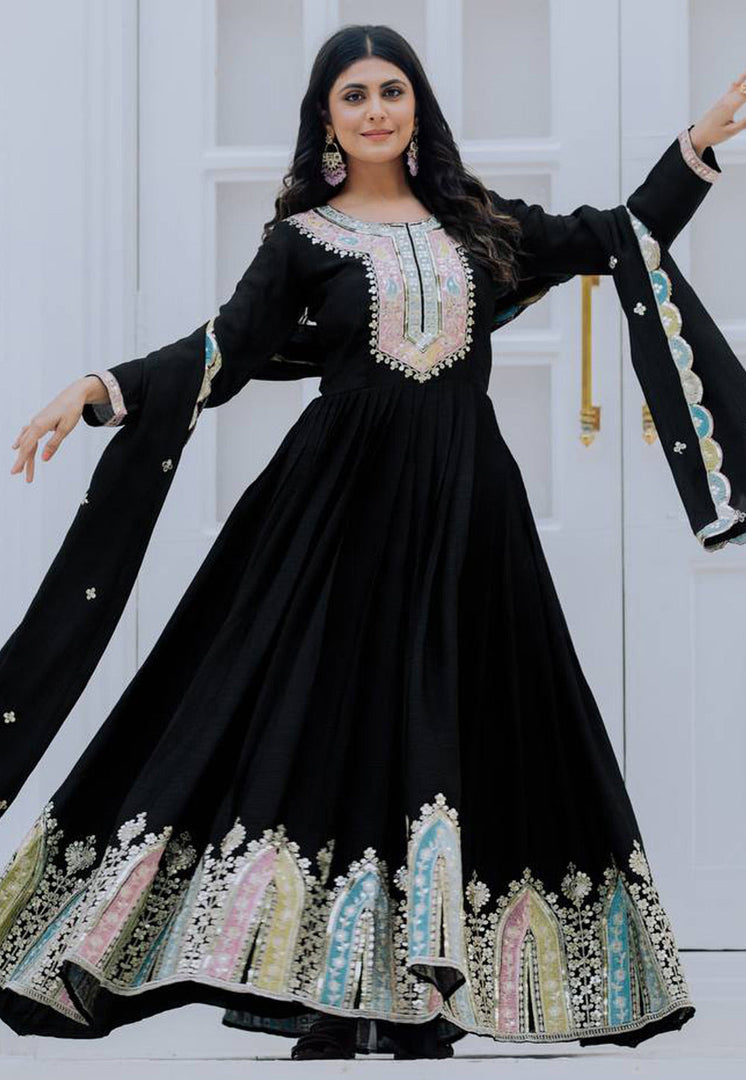 Black Chinon Silk Readymade Long Anarkali Suit