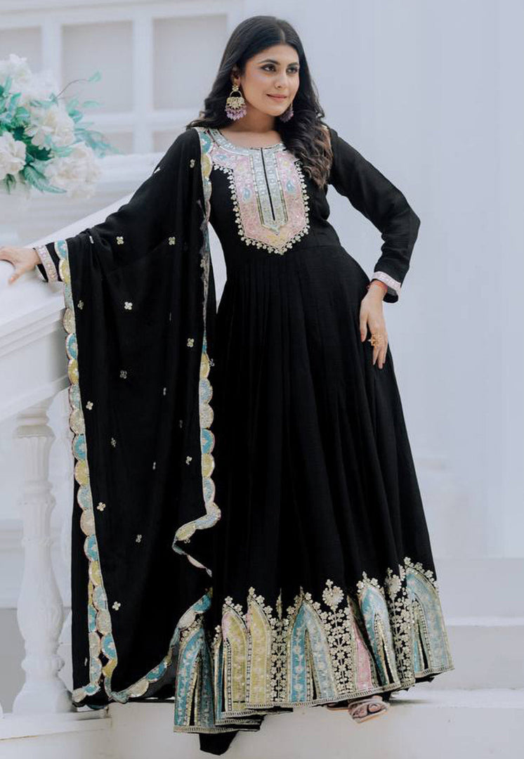 Black Chinon Silk Readymade Long Anarkali Suit