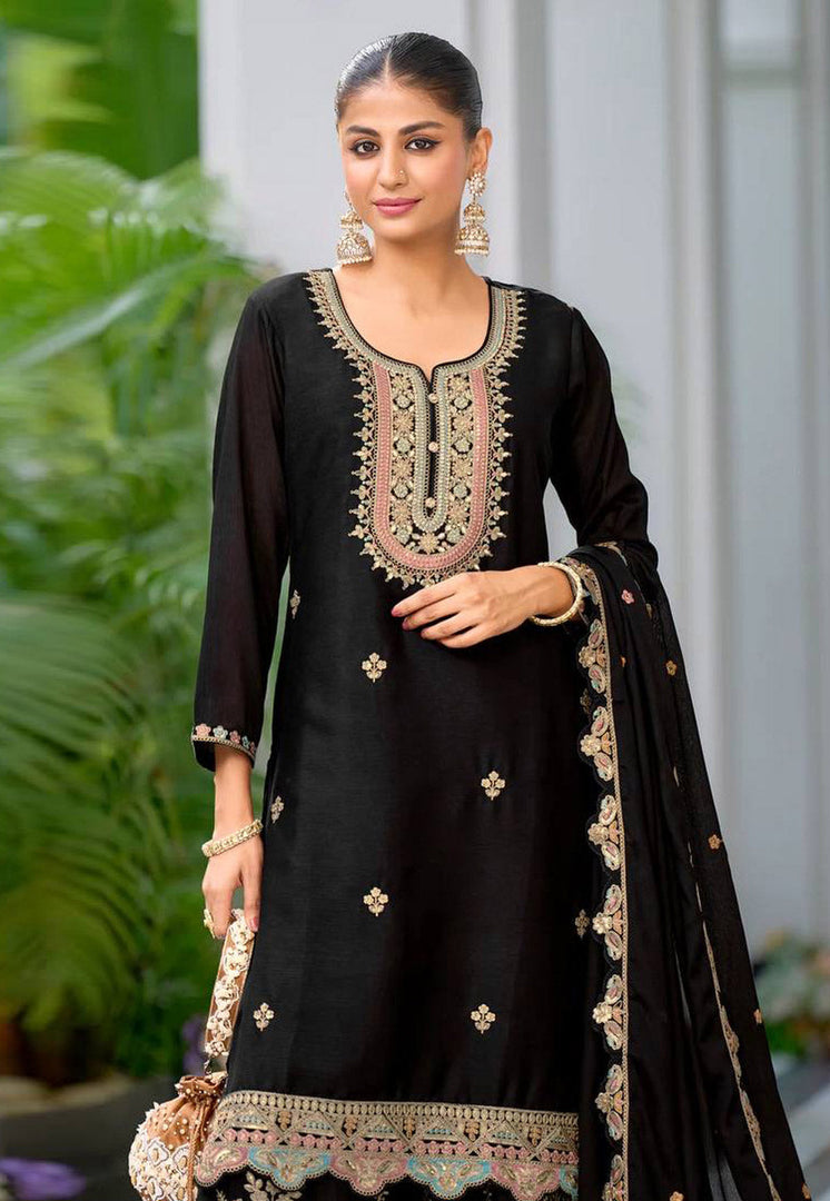 Black Chinon Silk Readymade Pakistani Suit
