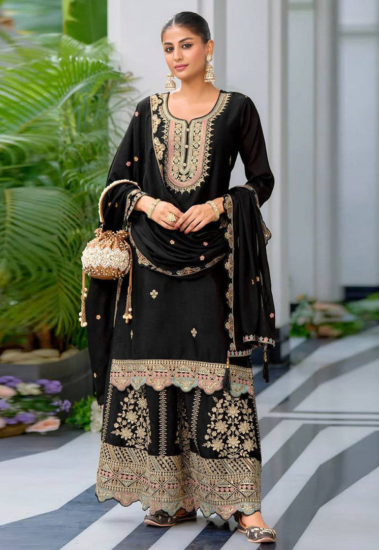 Black Chinon Silk Readymade Pakistani Suit