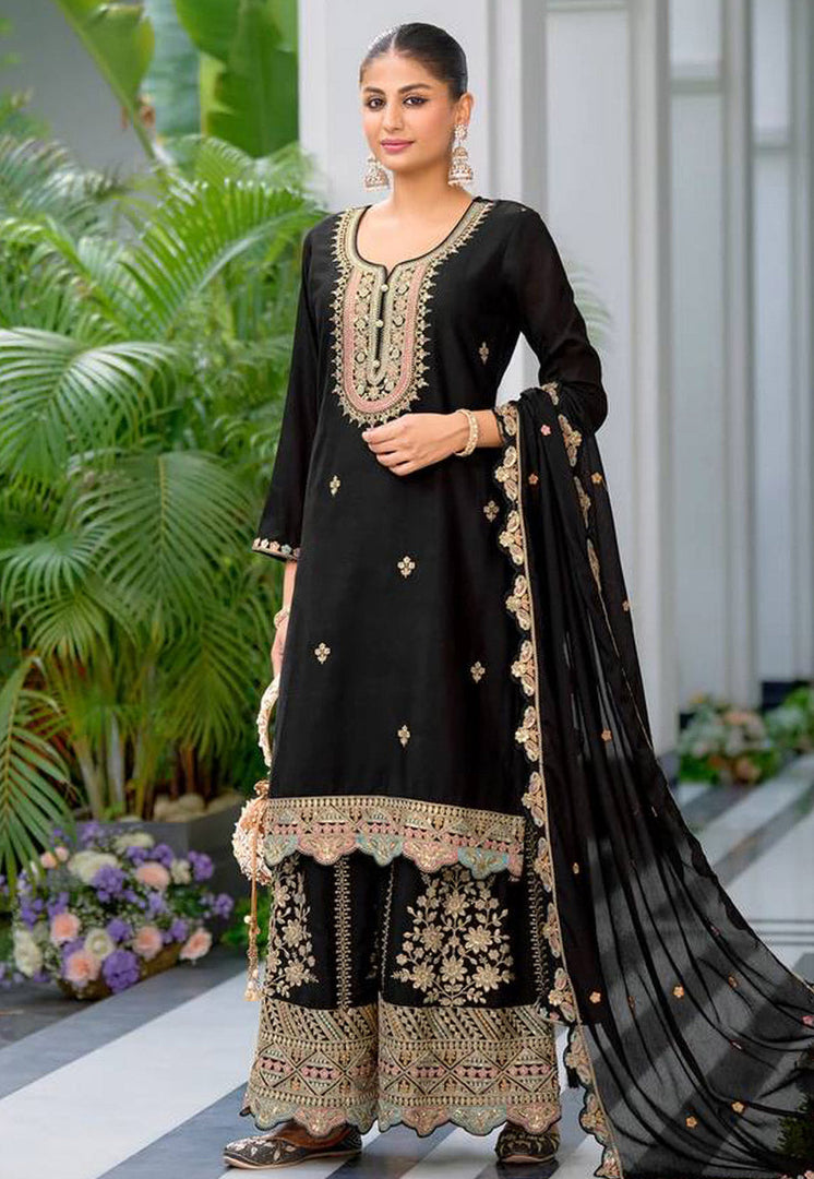 Black Chinon Silk Readymade Pakistani Suit