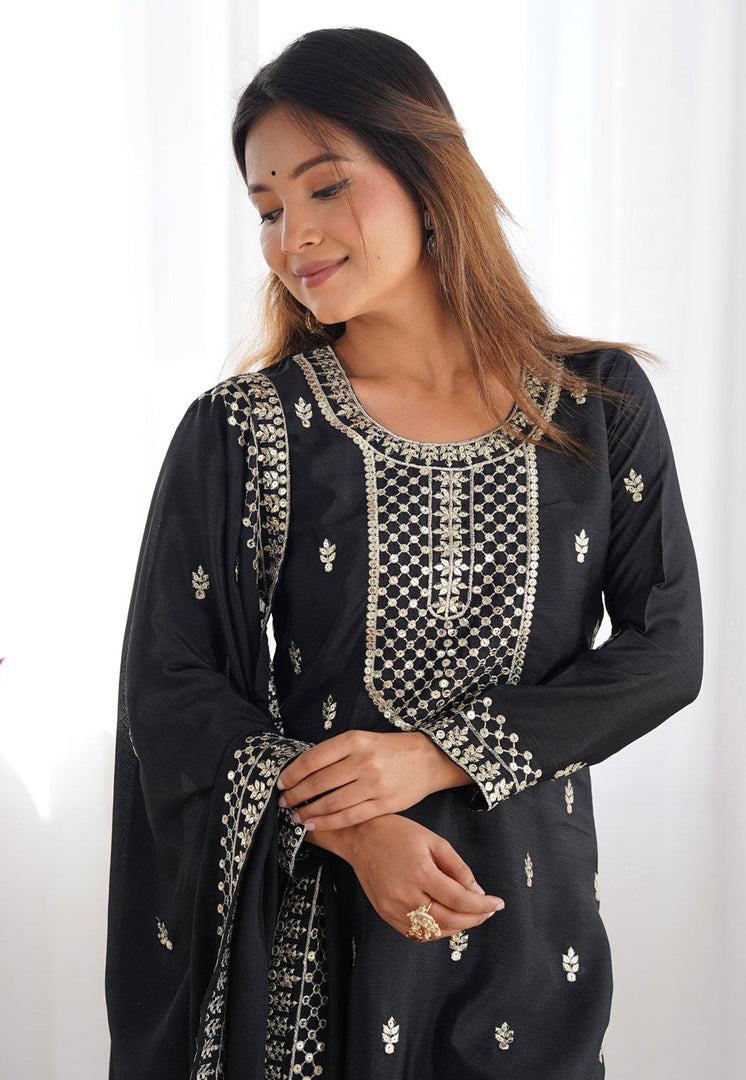 Black Chinon Silk Readymade Palazzo Suit