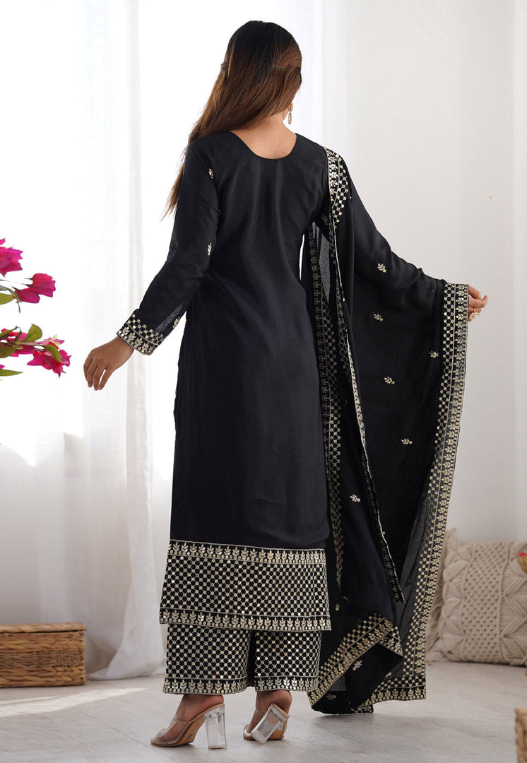 Black Chinon Silk Readymade Palazzo Suit