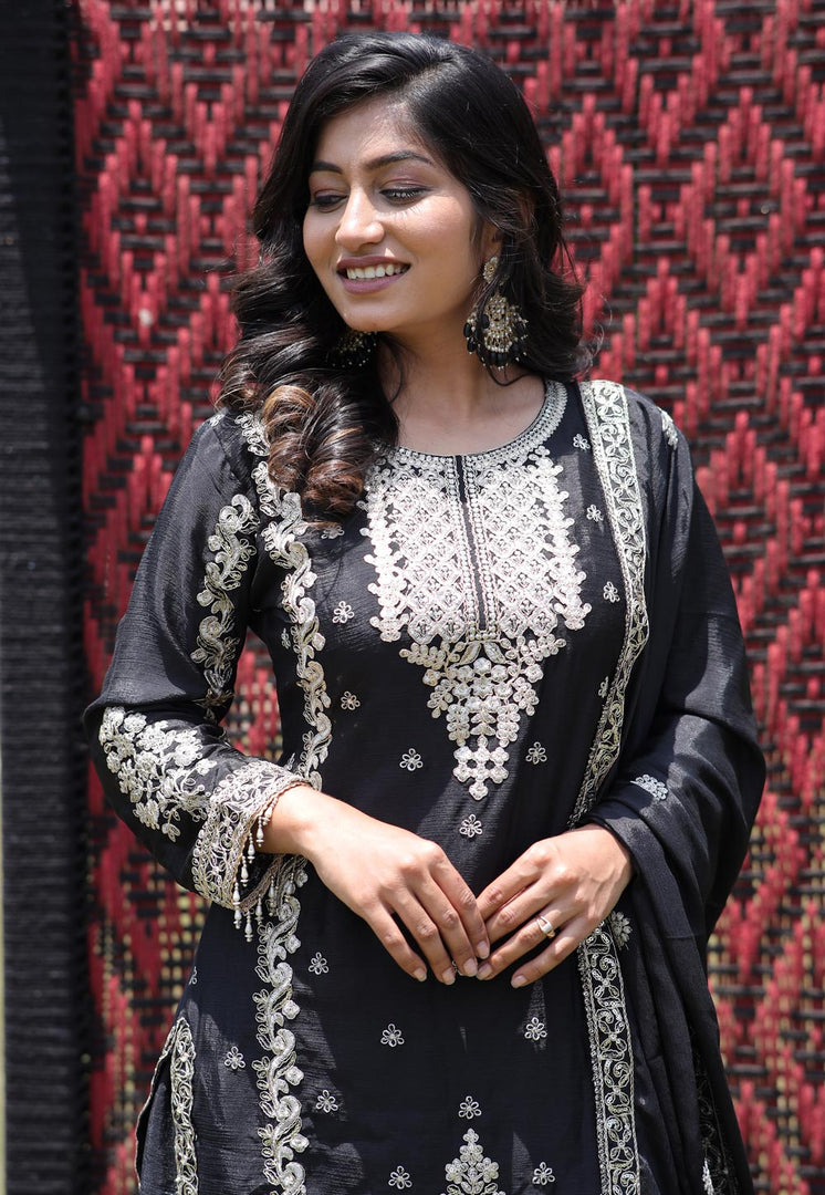 Black Chinon Silk Readymade Palazzo Suit