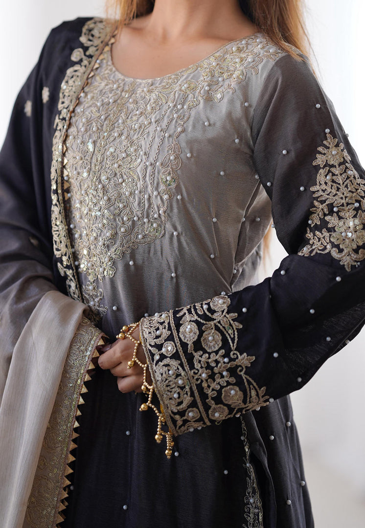 Black Chinon Silk Readymade Sharara Suit