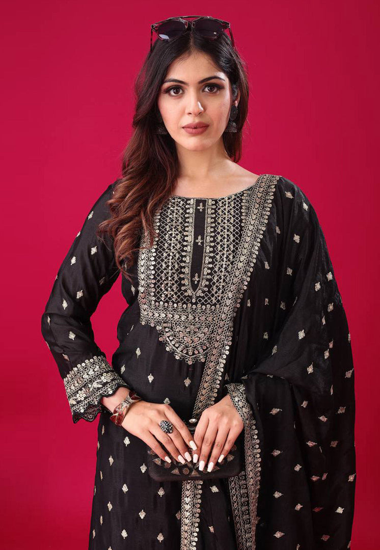 Black Chinon Silk Readymade Sharara Suit