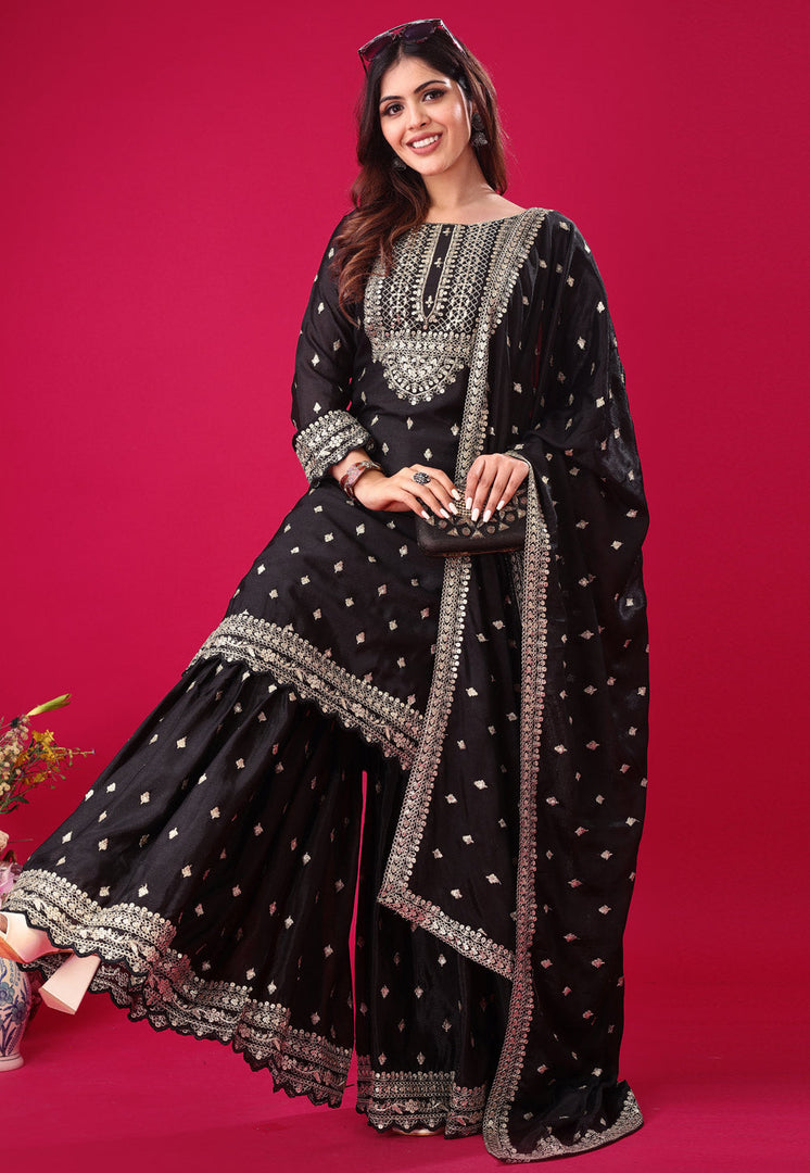 Black Chinon Silk Readymade Sharara Suit