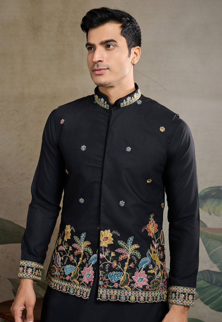 Black Cotton Kurta Pajama With Jacket