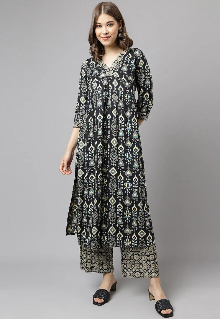 Black Cotton Kurta Set With Palazzo