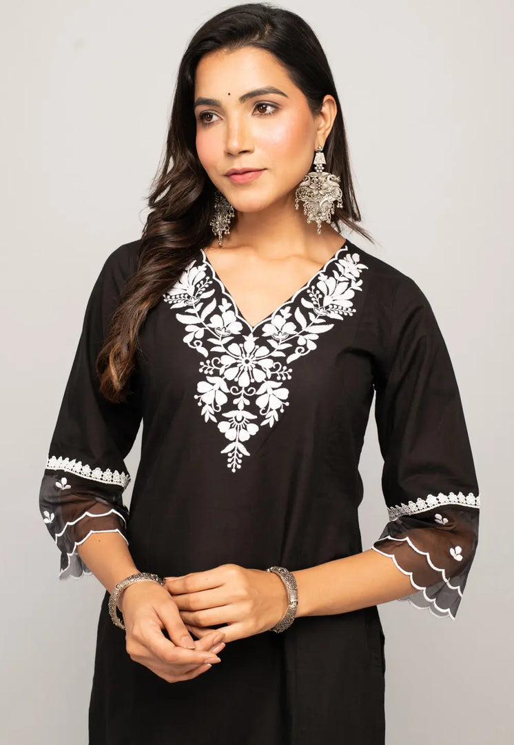 Black Cotton Kurta Set With Pent