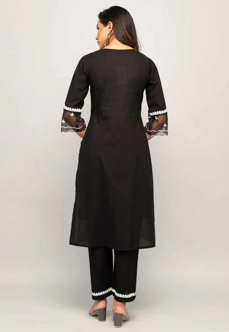 Black Cotton Kurta Set With Pent